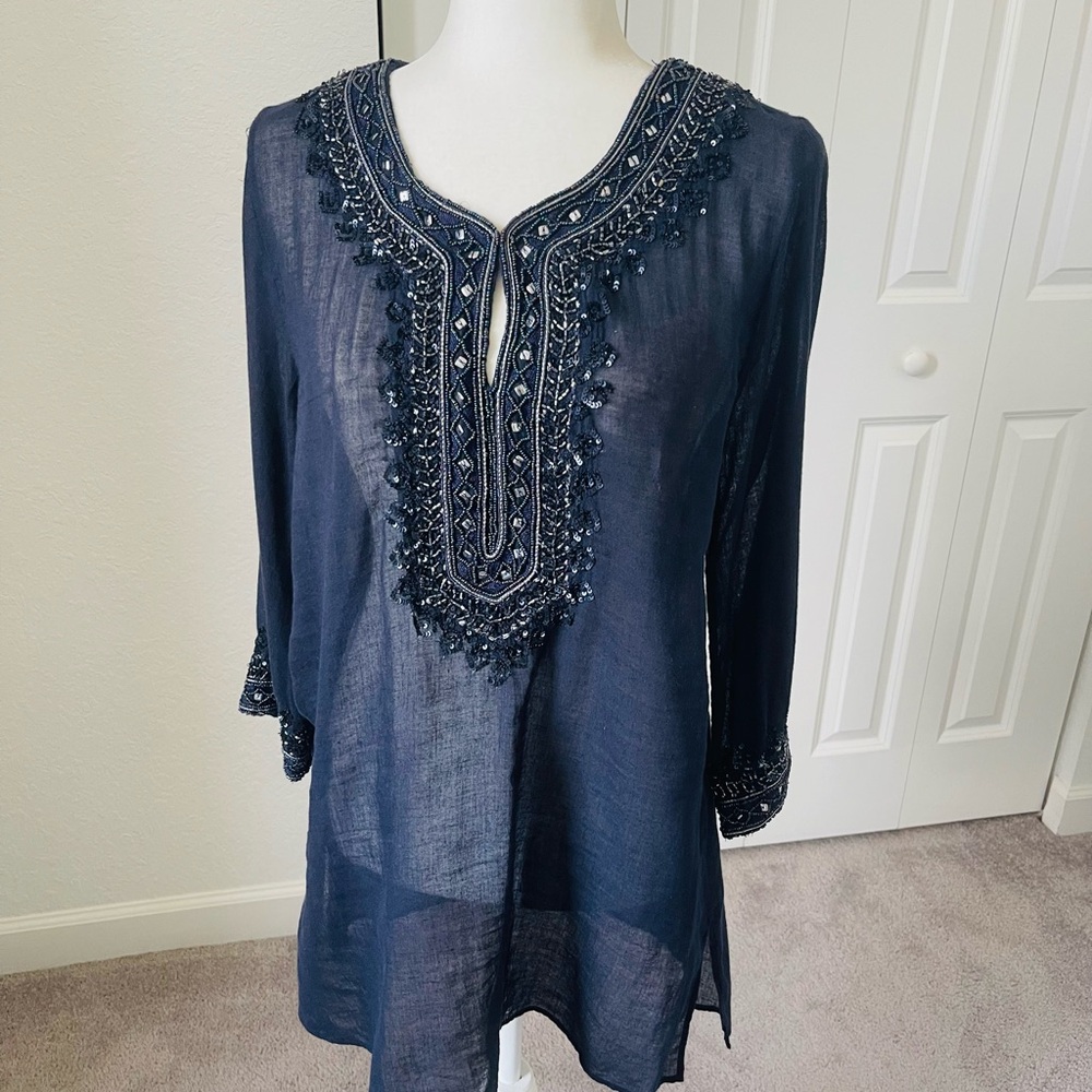 New Calypso St. Barth Embellished Sheer Cotton Top Size S